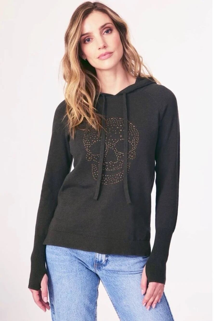 J Society Stud Accent Skull Hooded Sweater Pullover Cotton Long Sleeve Size XS